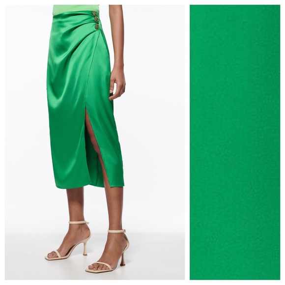 NWT. Zara Emerald Satin Effect Ruched Midi Skirt. Size S. - Picture 3 of 11